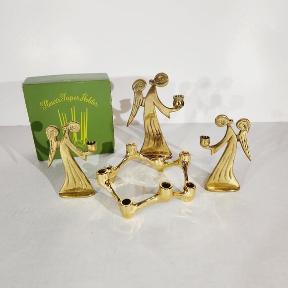 Vtg Brass Taper Candlestick Candle Holder Lot of Angels Flower MCM USA Hong Kong - Picture 1 of 15